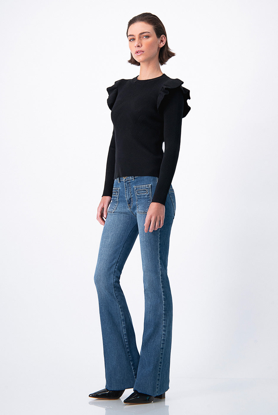 Blusa manga larga con plisado en sisa Negro