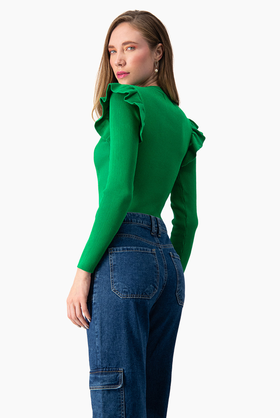 Blusa manga larga con plisado en sisa Verde