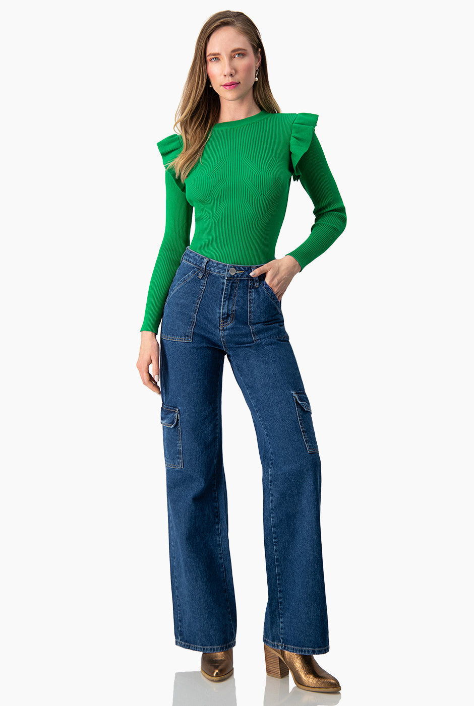 Blusa manga larga con plisado en sisa