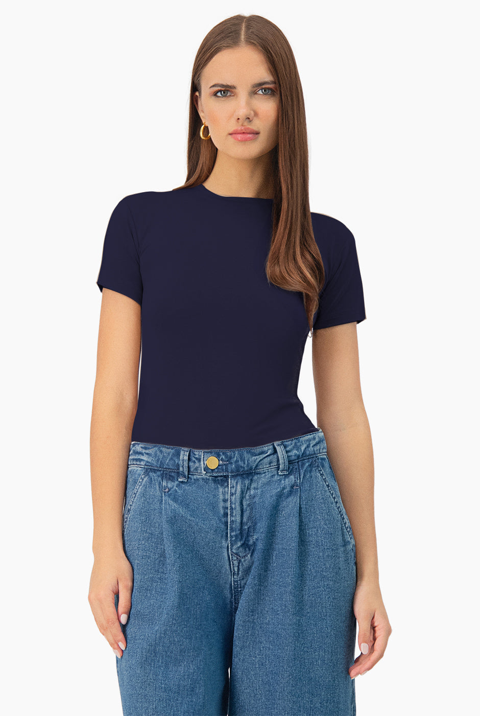 Playera básica azul marino de manga corta, sin botones