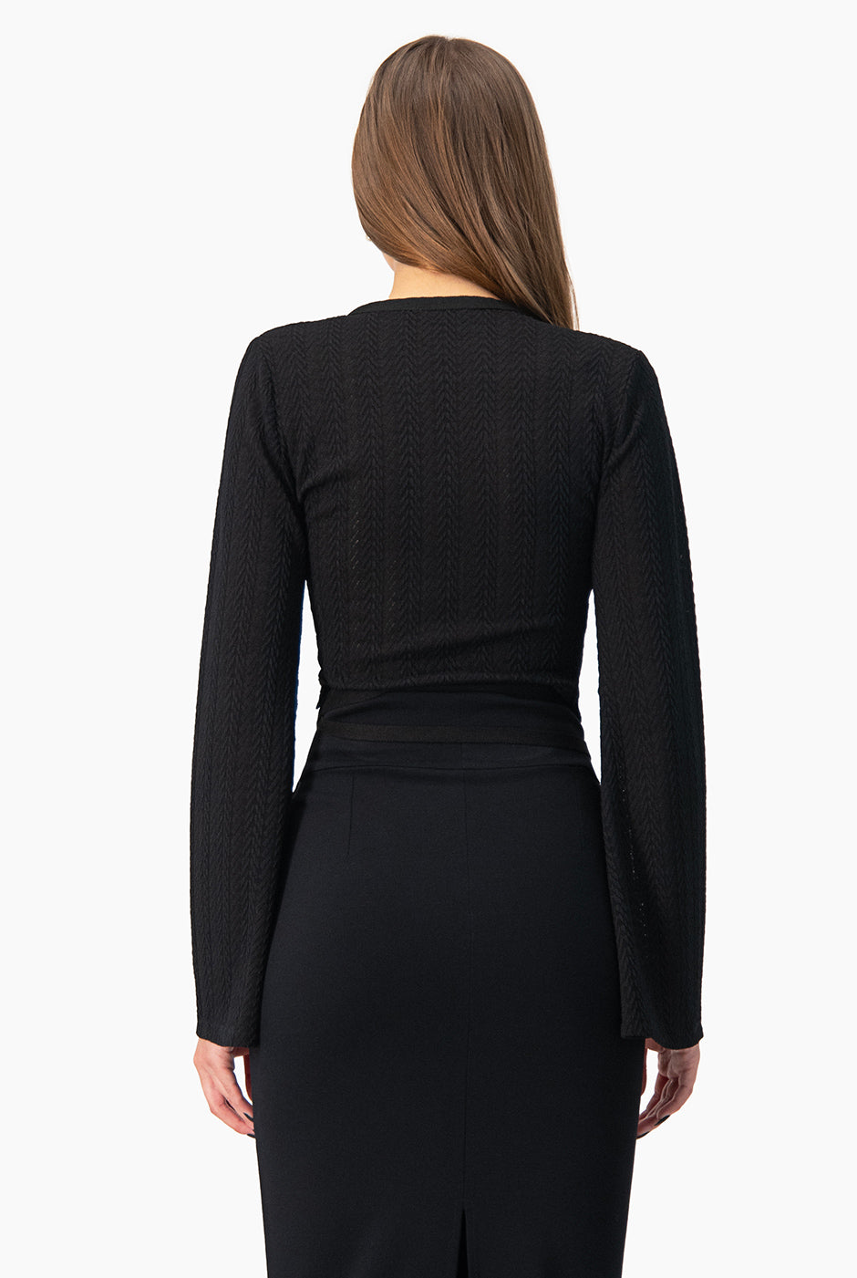 Blusa tejida de manga acampanada y cinta en cintura