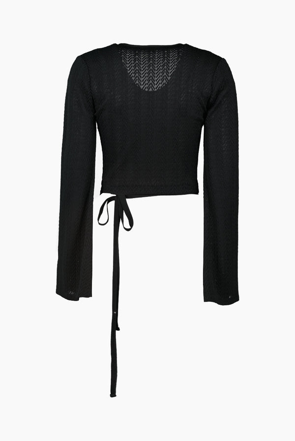 Blusa tejida de manga acampanada y cinta en cintura