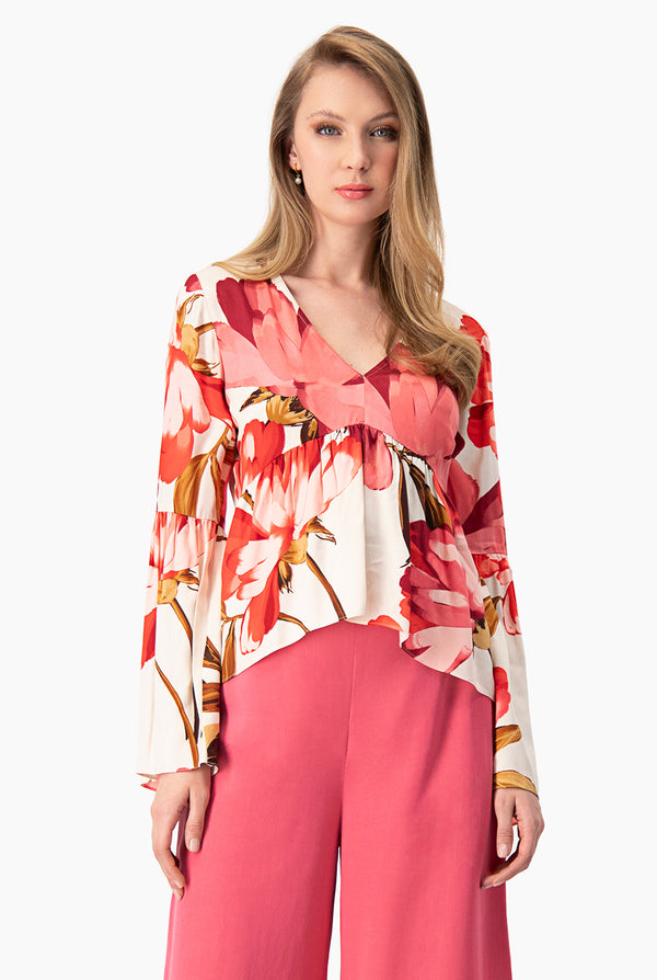 Blusa manga larga campana con escote en V
