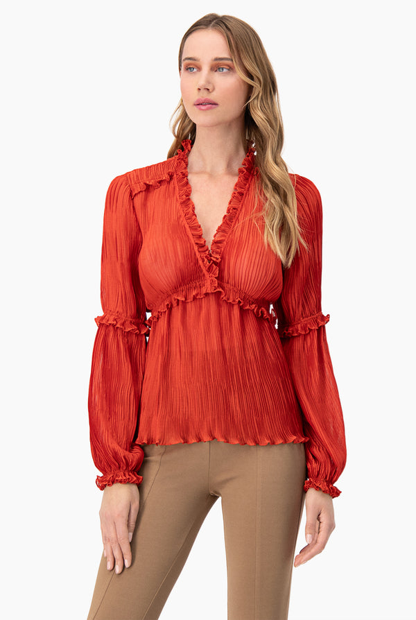 Blusa plisada de escote en V y manga larga