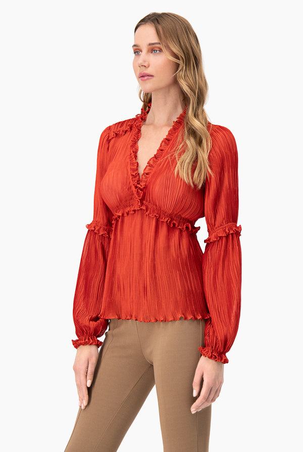 Blusa plisada de escote en V y manga larga