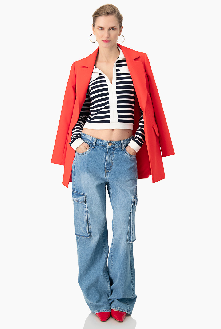 Top de manga larga escote V azul marino con cuello camisero y puños en cardigan, Ivonne Tingle Top