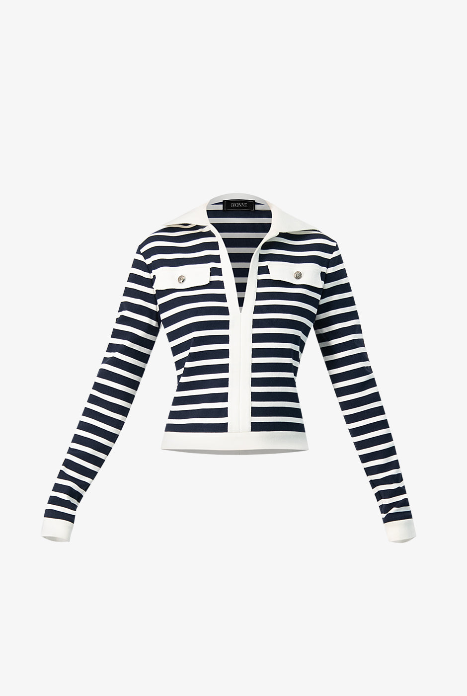 Top de manga larga escote V azul marino con cuello camisero y puños en cardigan, Ivonne Tingle Top