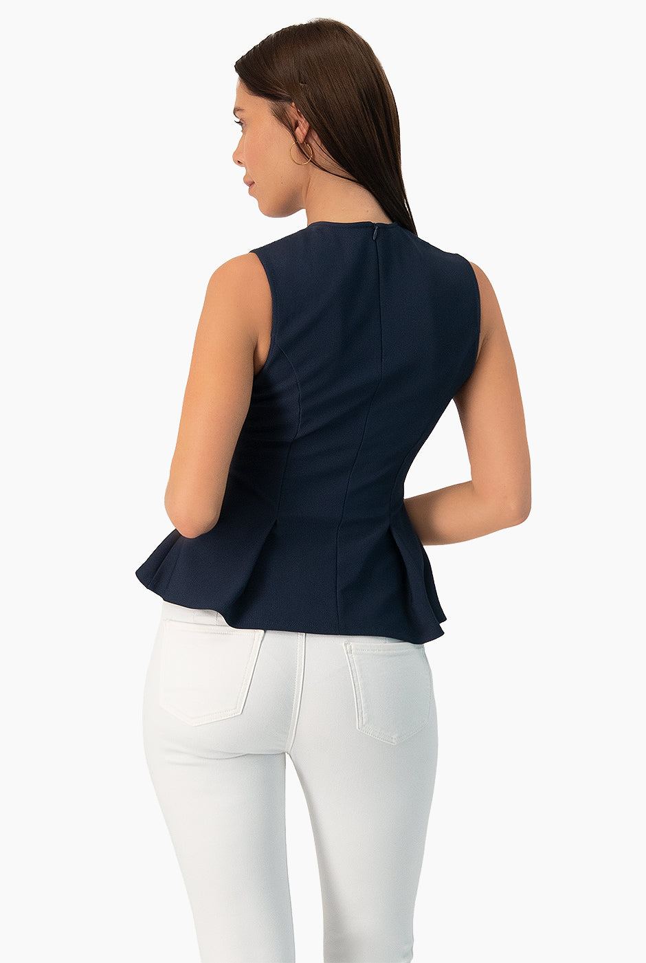 Blusa peplum sin mangas azul marino de Ivonne, estilo elegante y moderno