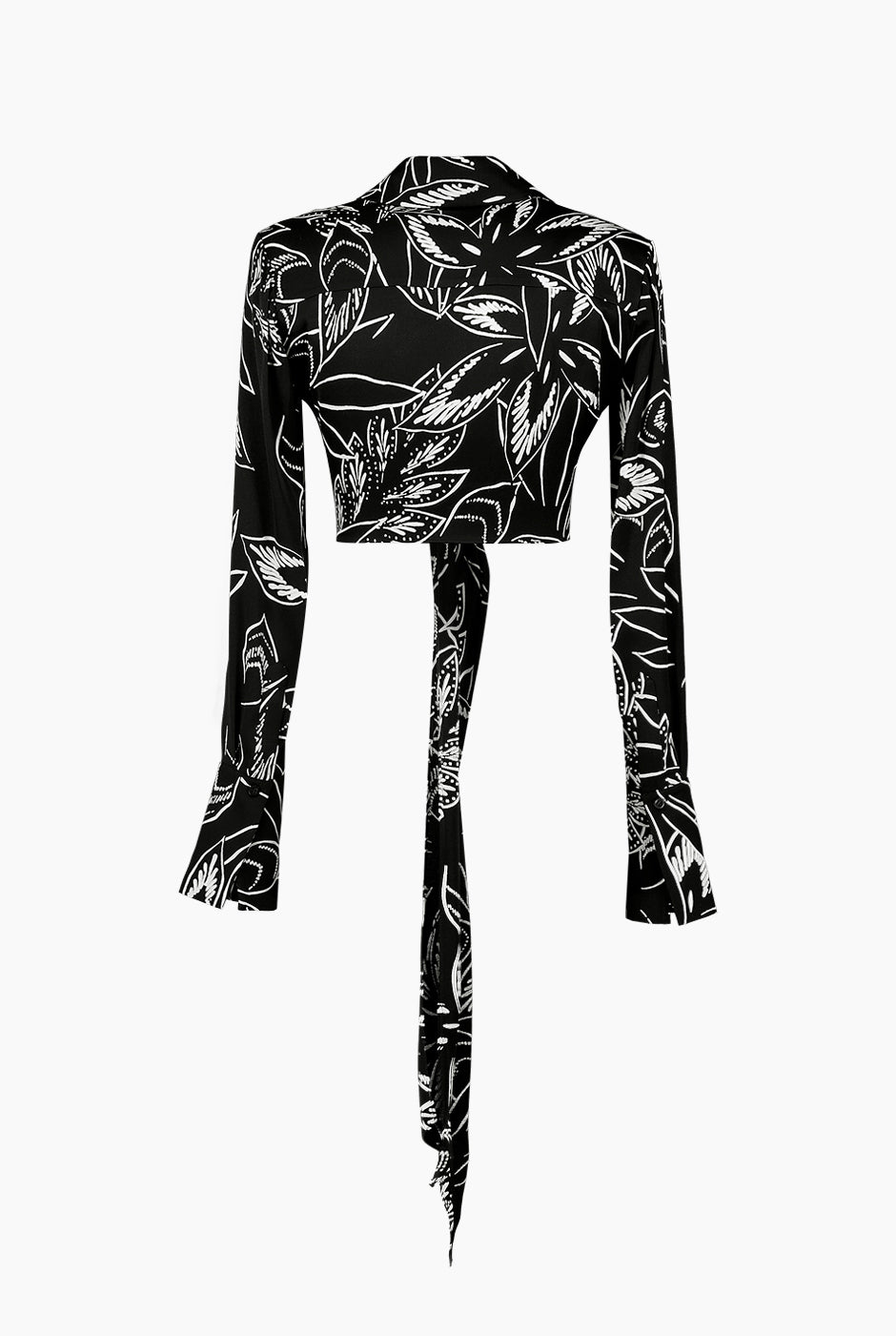 Blusa estampada negra con amarre frontal, cuello camisero y manga larga de Ivonne