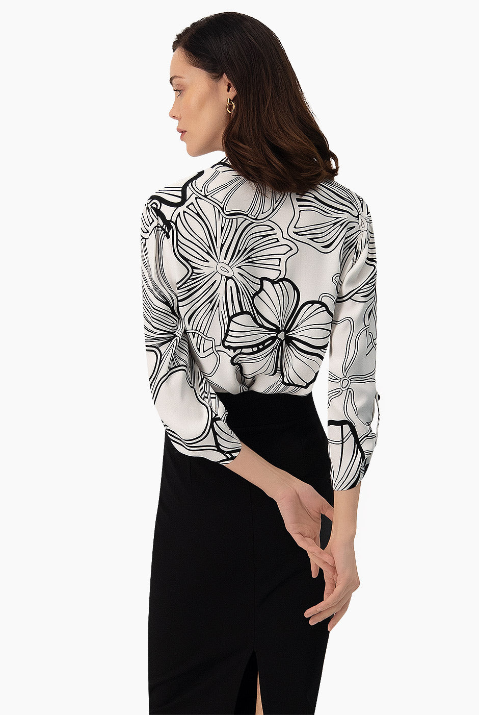 Blusa camisera blanca estampada de Ivonne con escote en V y elevadores en mangas