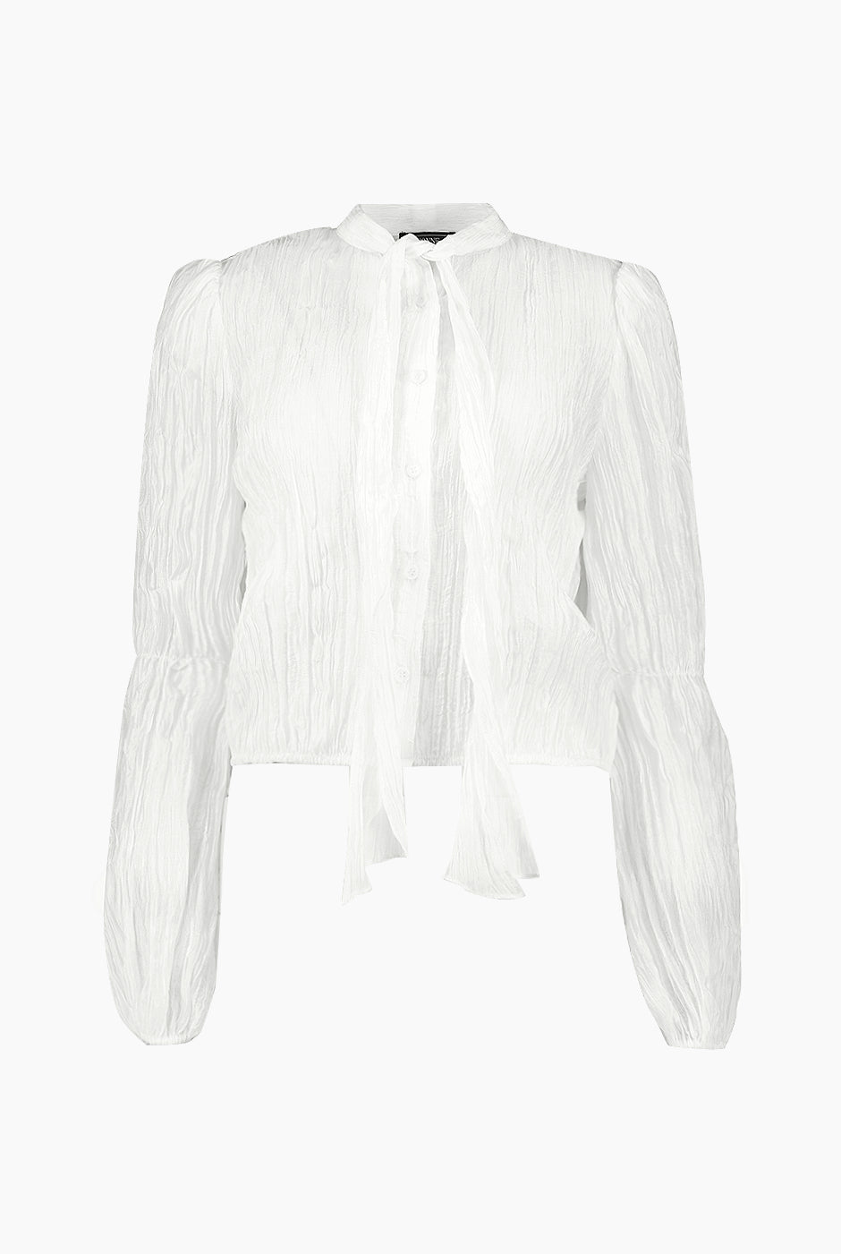 Blusa blanca de moño en cuello de Ivonne, manga larga y estilo recto