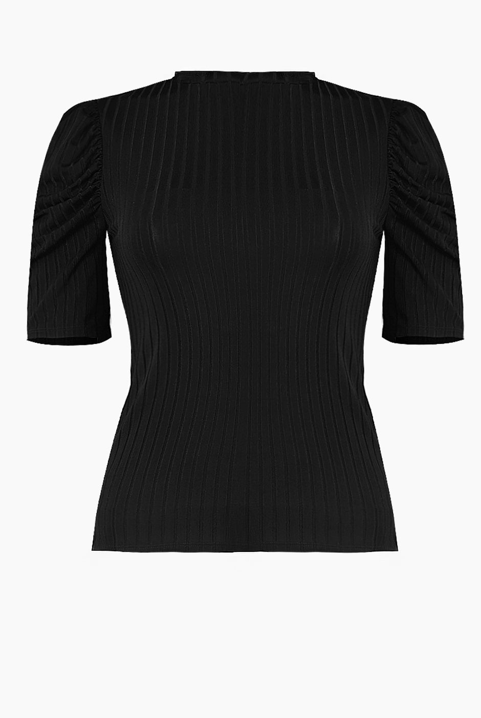 Blusa negra de hombro abullonado en tejido de canalé, diseño elegante y moderno de Ivonne