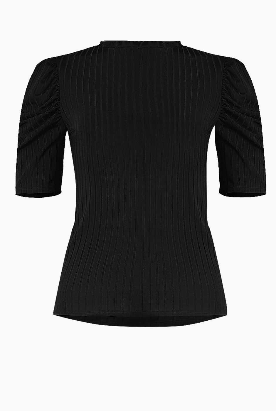 Blusa negra de hombro abullonado en tejido de canalé, diseño elegante y moderno de Ivonne