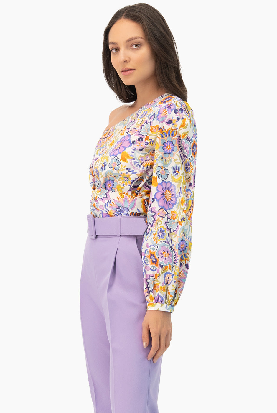 Blusa estampada floral de un hombro con amarre