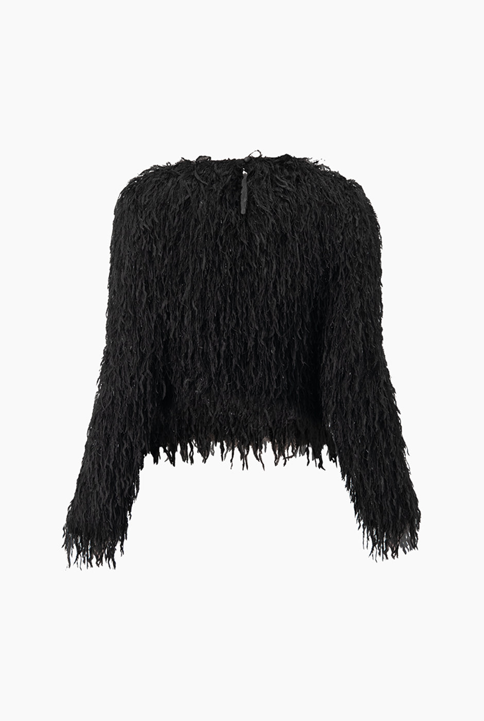 Blusa recta negra con cuello redondo y textura peluche