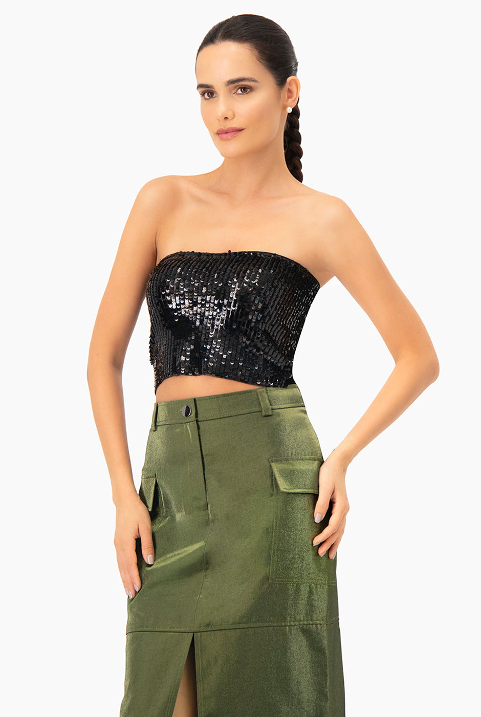 Top tubo negro de lentejuelas, elegante y entallado