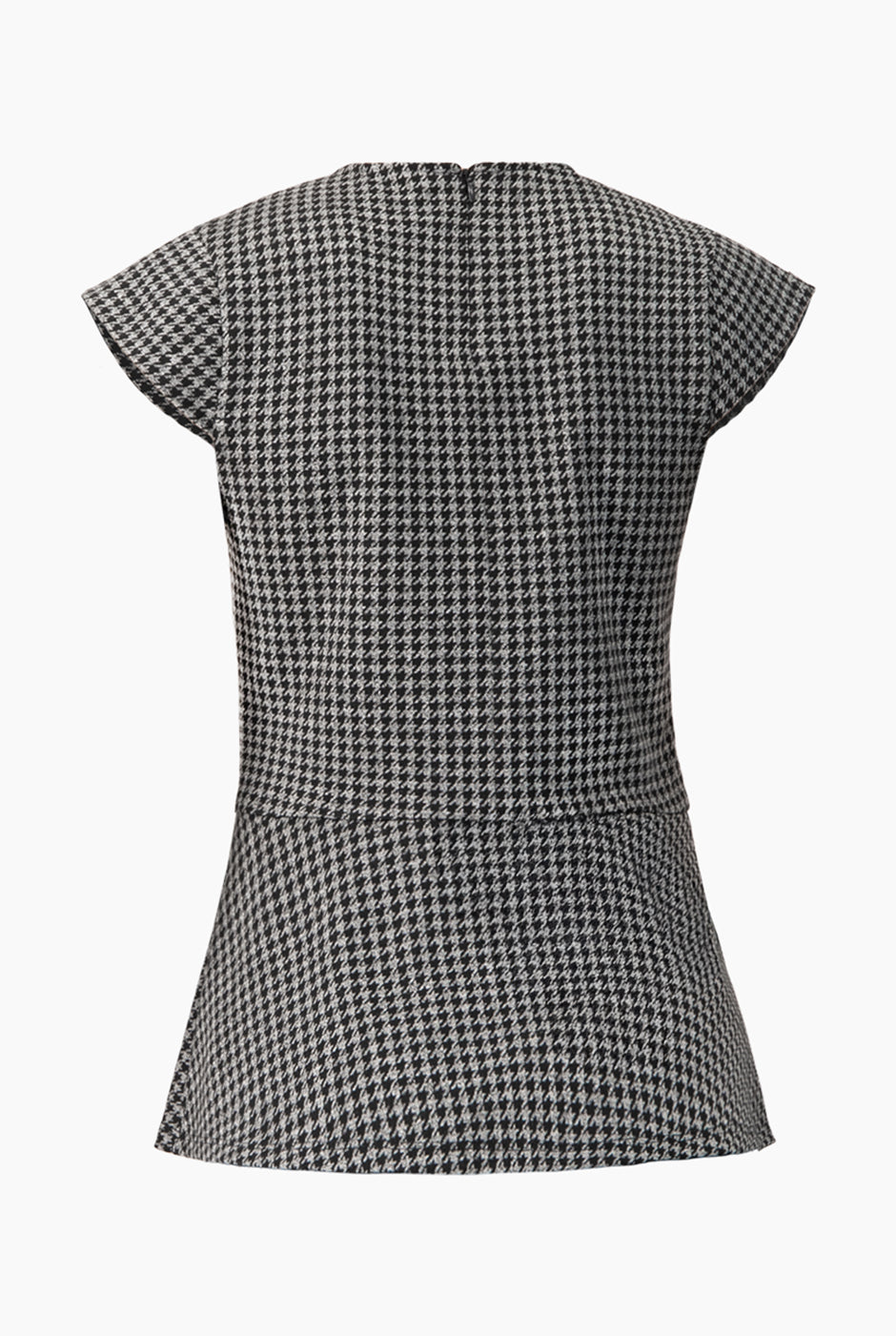 Blusa peplum estampada negra con mangas tipo cap y cuello redondo