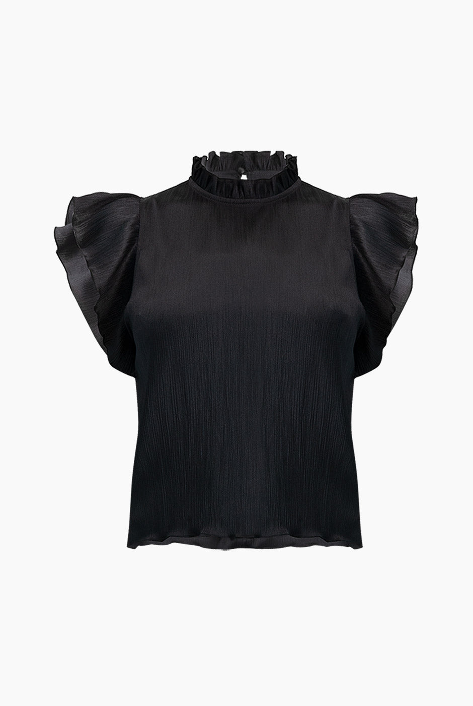 Blusa negra con volantes en sisa y cuello redondo