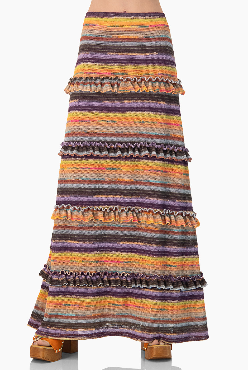 Falda midi tejida multicolor con detalle de olanes de Ivonne