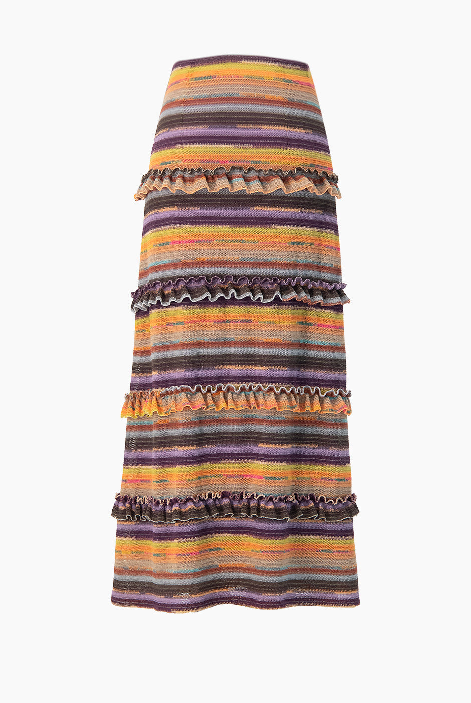 Falda midi tejida multicolor con detalle de olanes de Ivonne