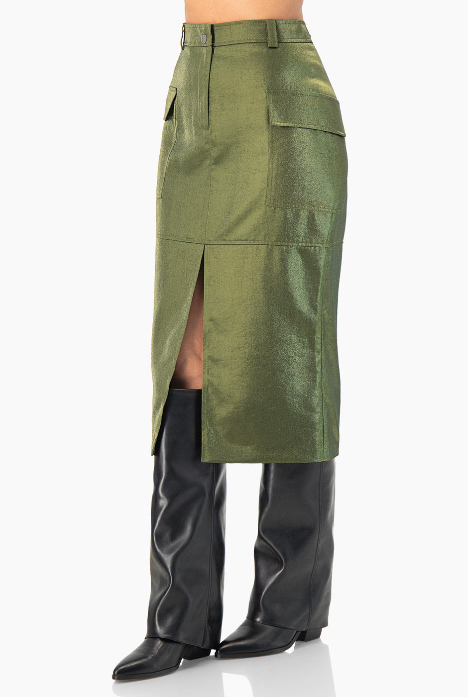 Falda midi verde olivo con abertura y bolsillos