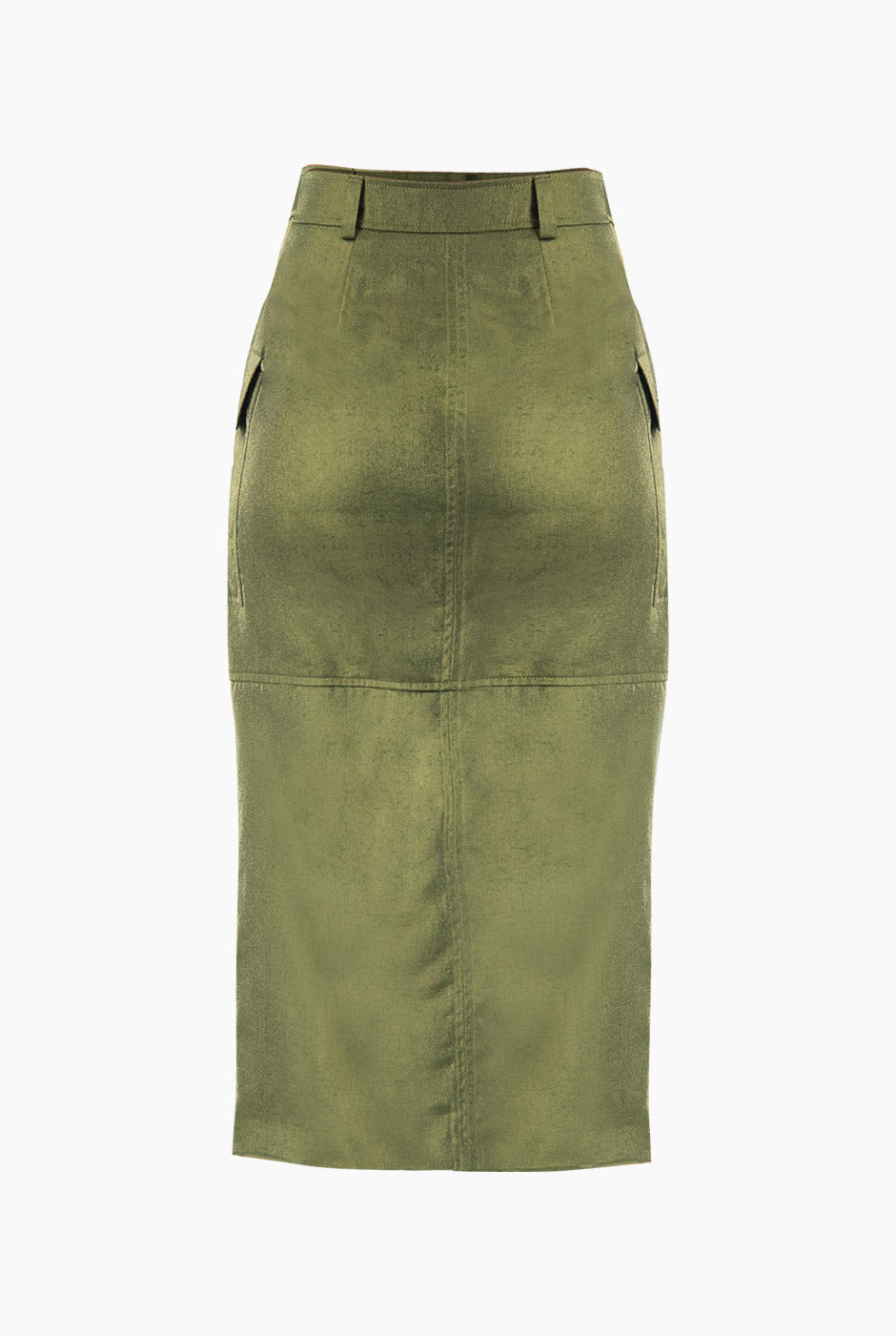 Falda midi verde con abertura y bolsillos frontales