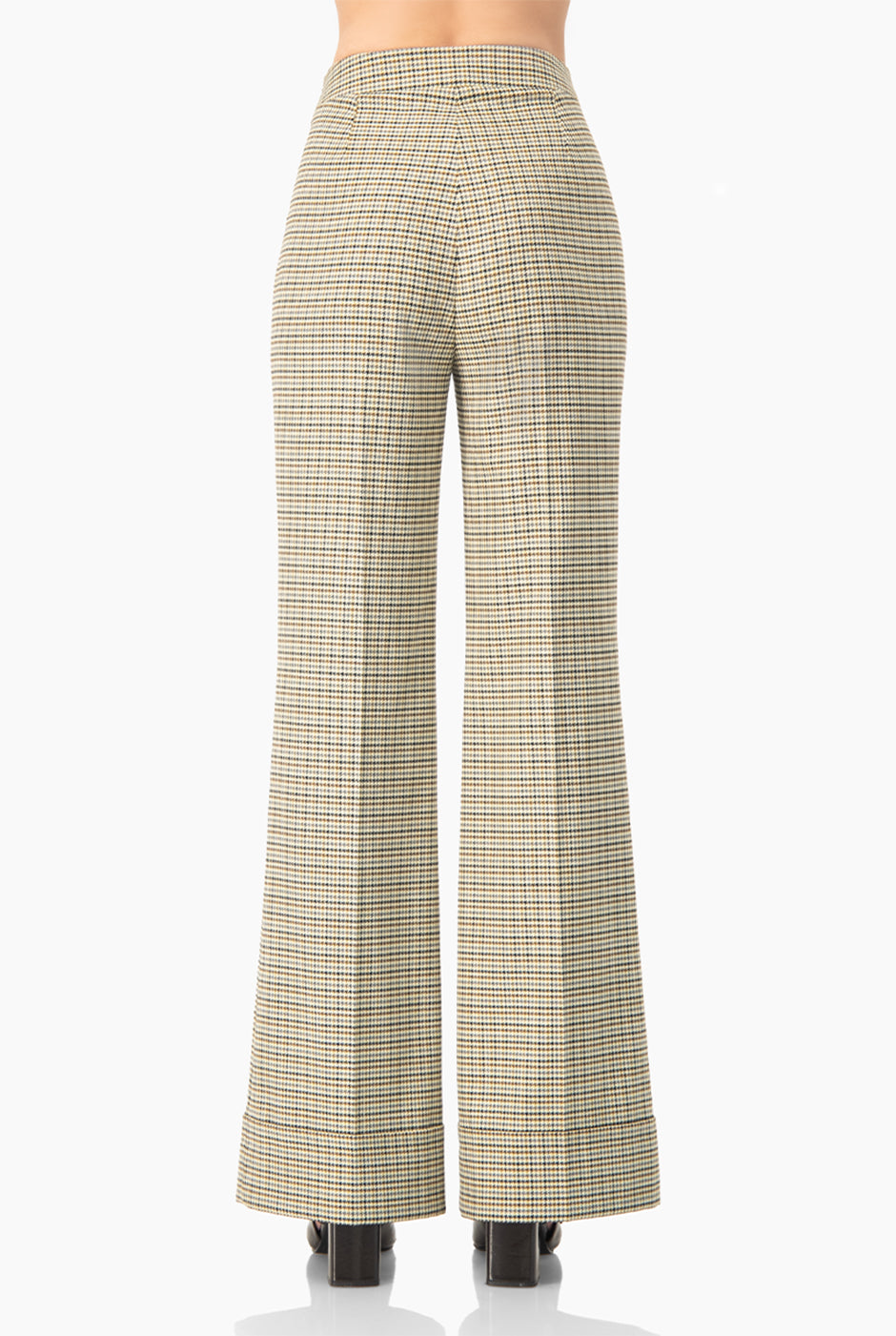 Pantalón semi campana multicolor con patrón de cuadros y cierre trasero
