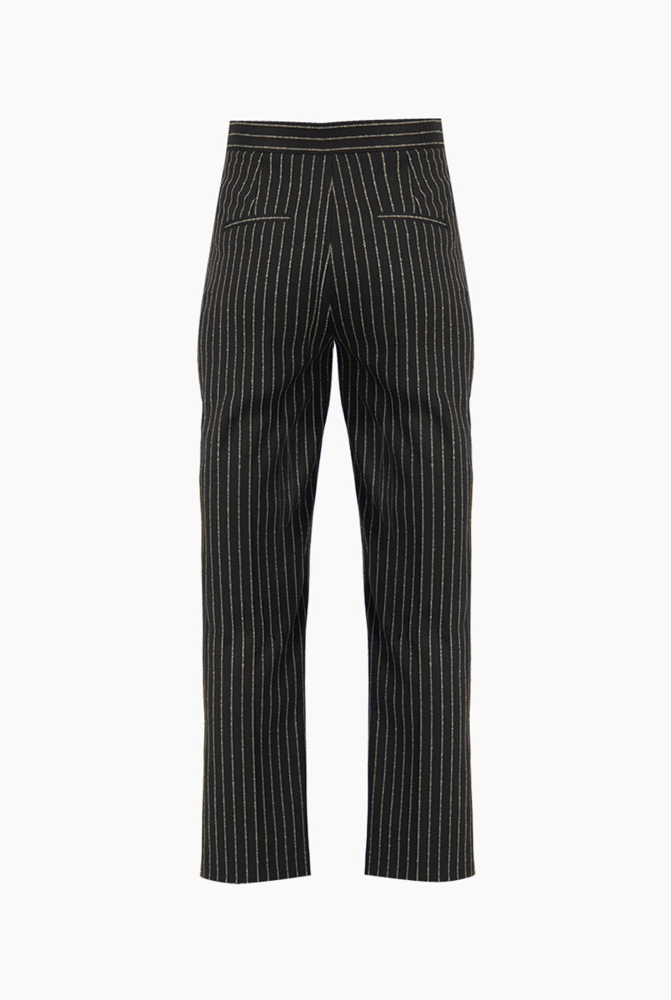 Pantalón recto negro con estampado de rayas verticales y cintura alta