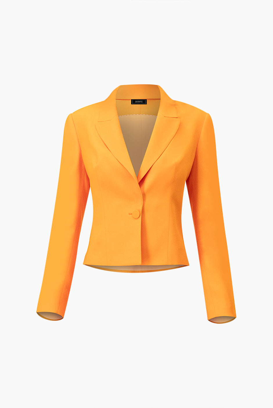 Saco blazer corto naranja con botón frontal y solapas clásicas