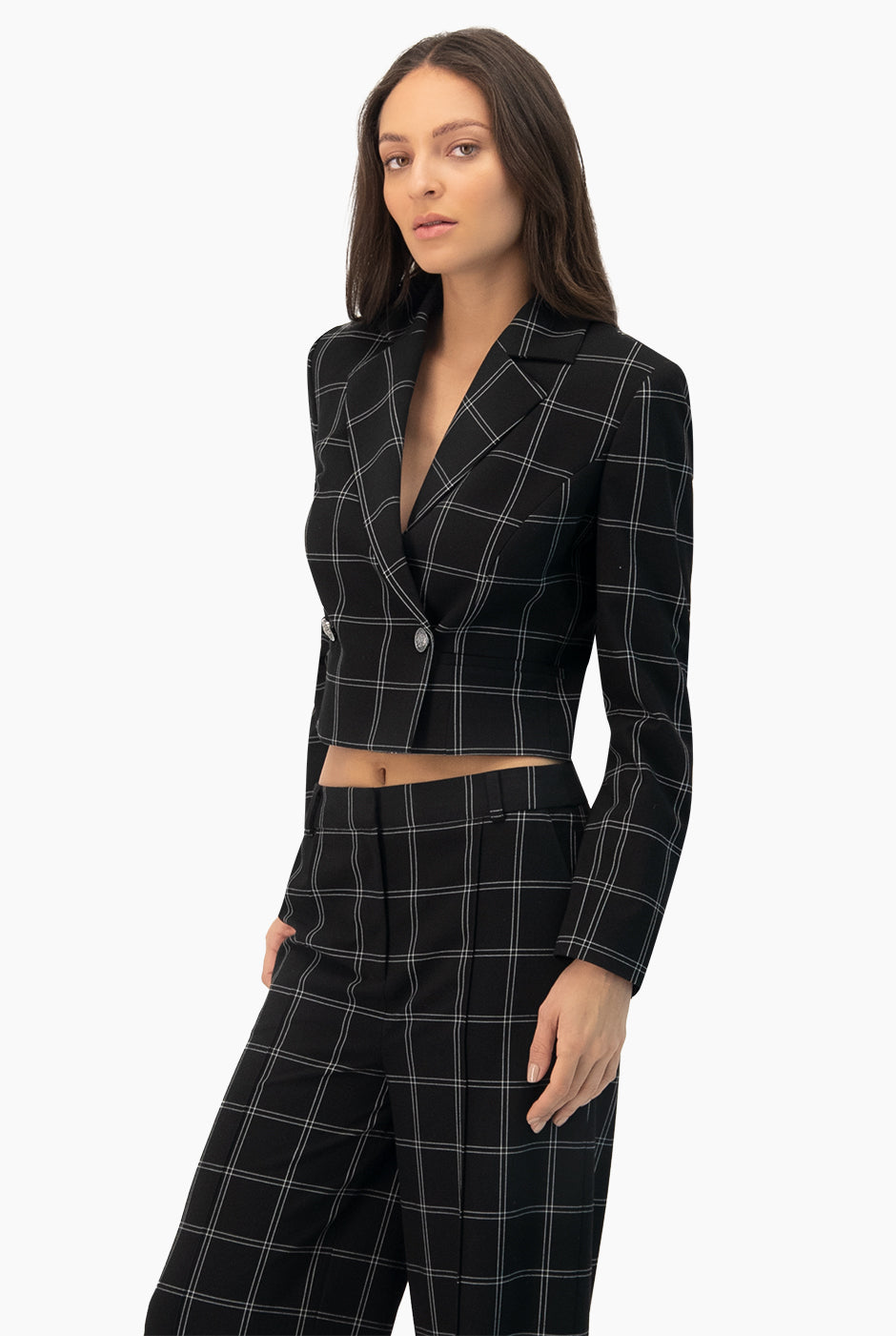 Saco corto negro con estampado de rayas y botones frontales