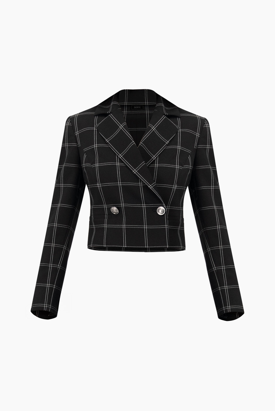 Saco corto negro con estampado de rayas y botones frontales