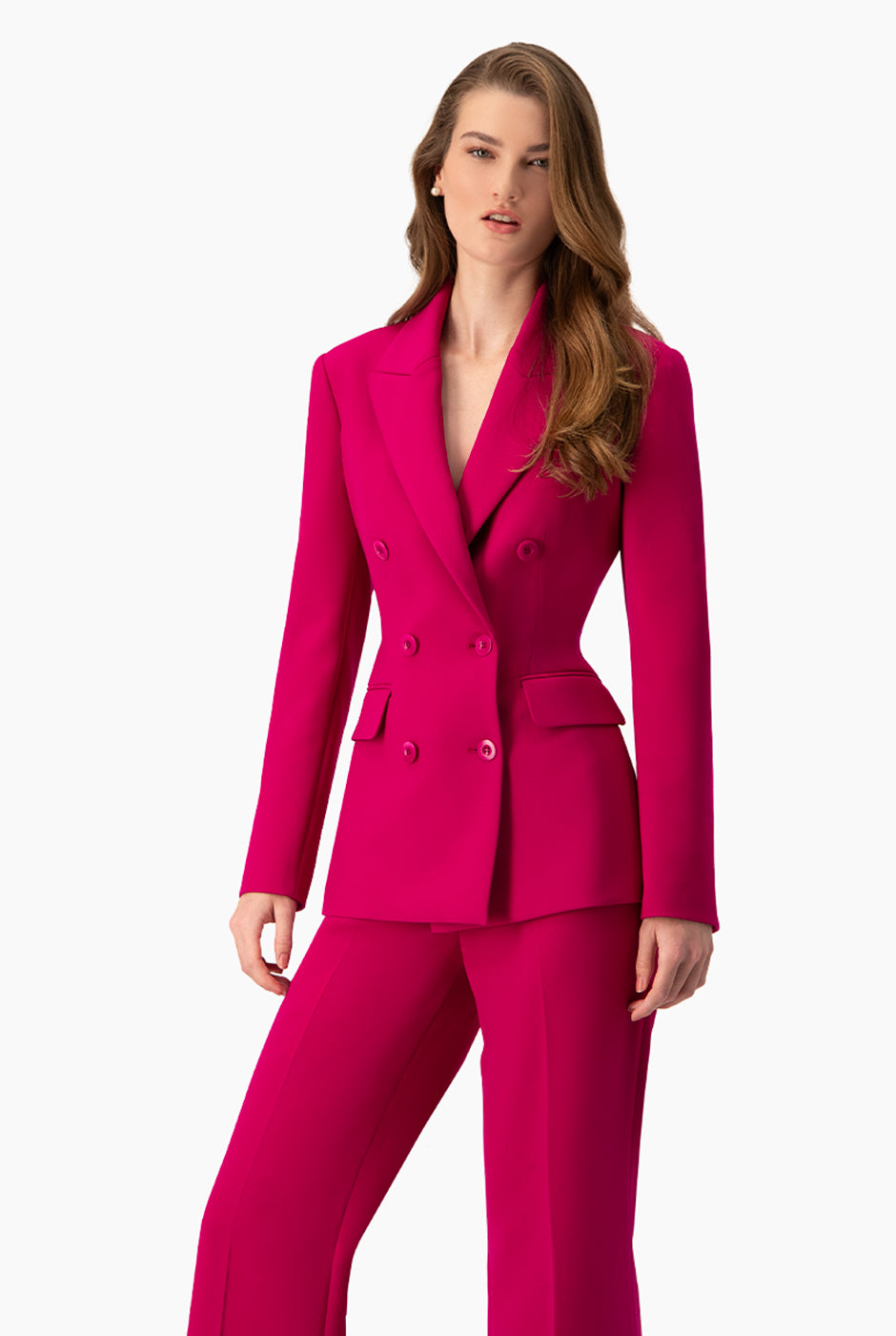 Saco cruzado fucsia con doble botonadura y bolsillos