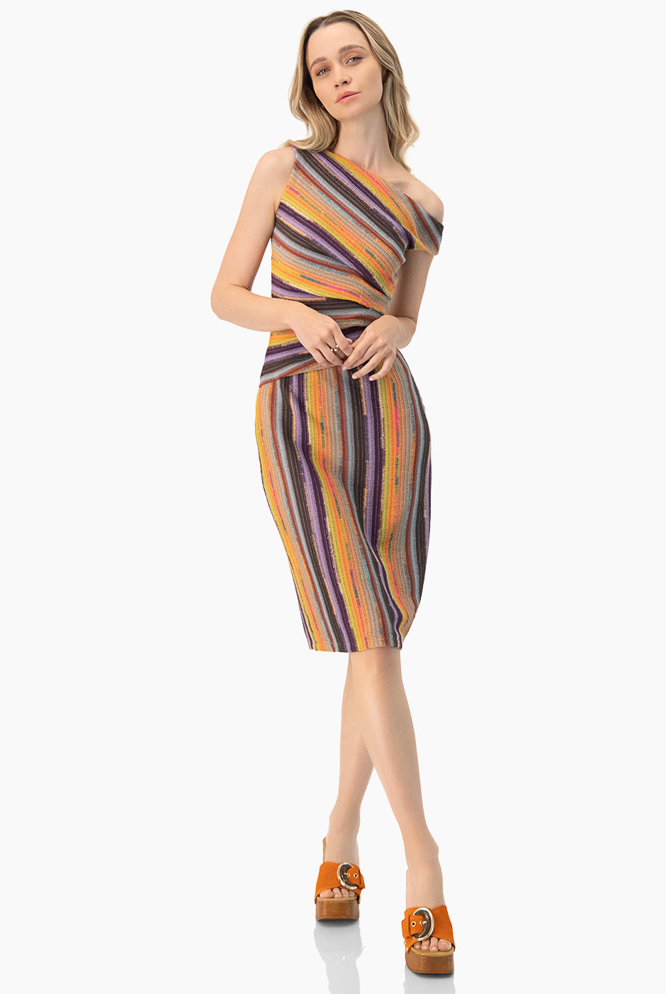 Vestido midi multicolor con escote en V y cardigan