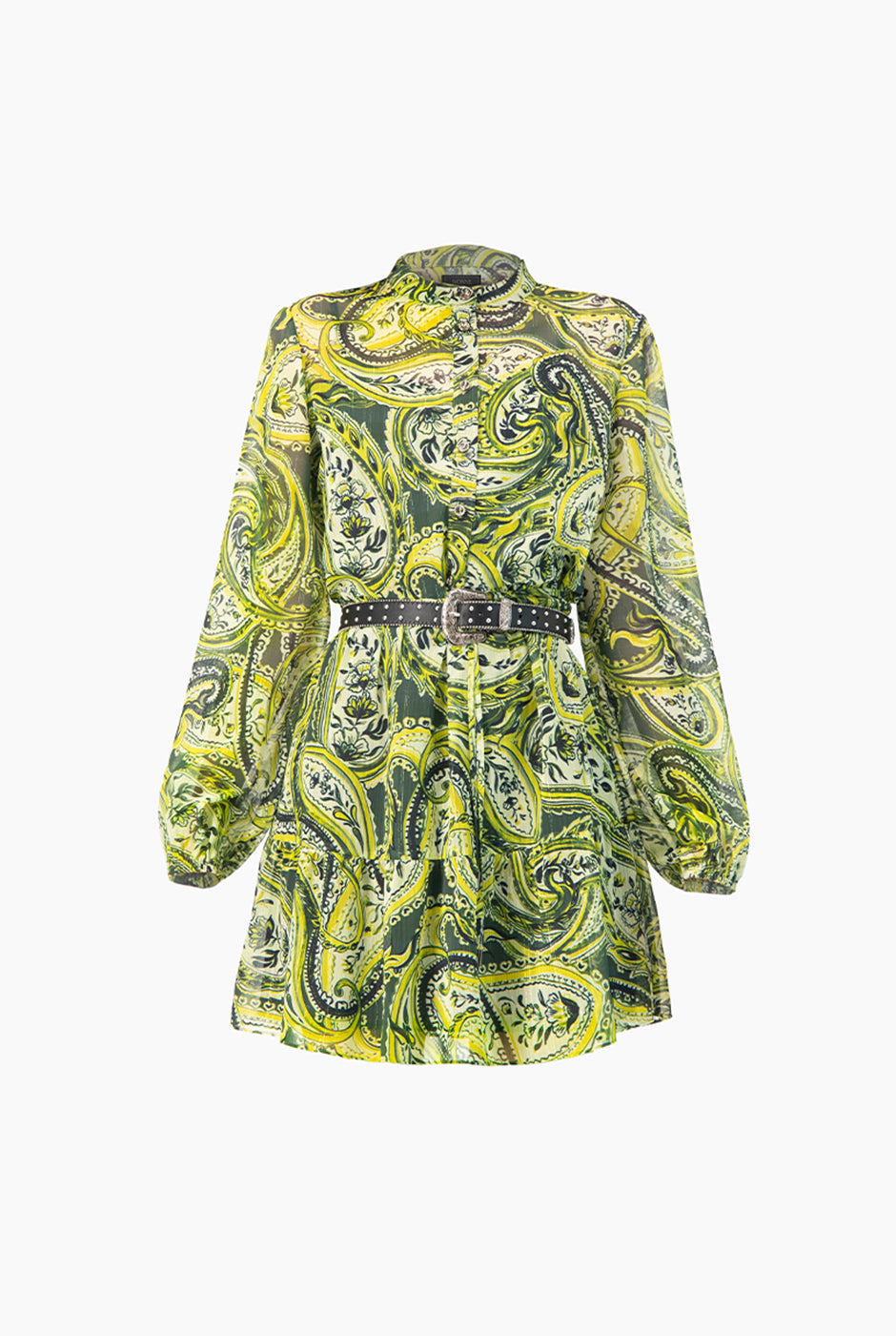 Vestido corto verde estampado con cinturón y mangas largas