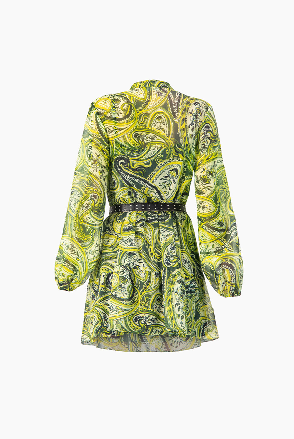 Vestido corto verde estampado con cinturón y mangas largas