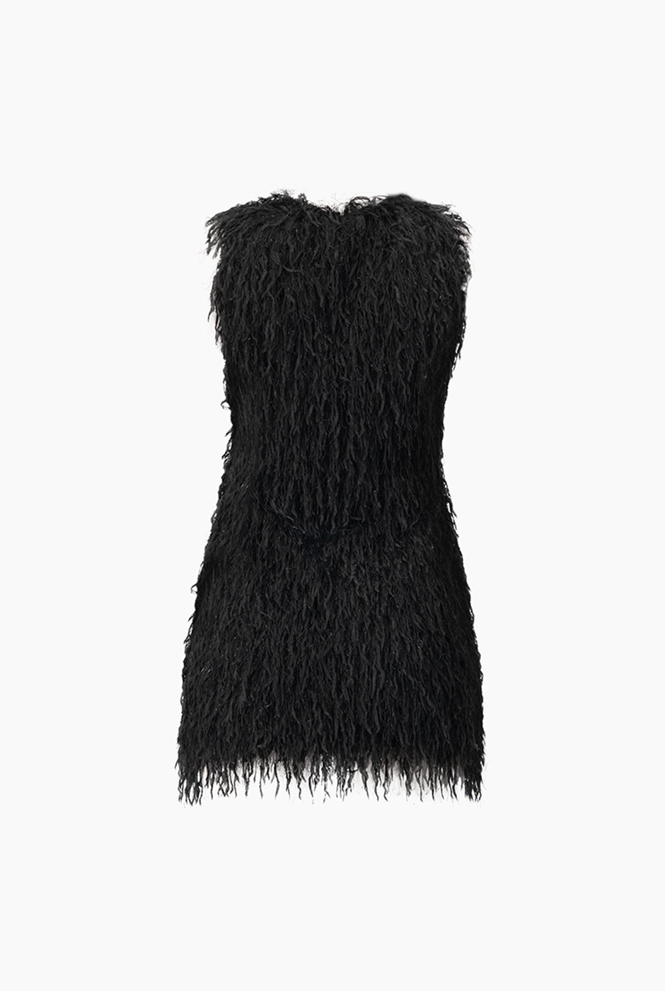 Vestido corto negro sin mangas con textura de flecos
