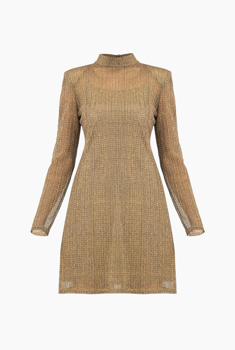 Vestido corto dorado línea A con cuello alto y mangas largas
