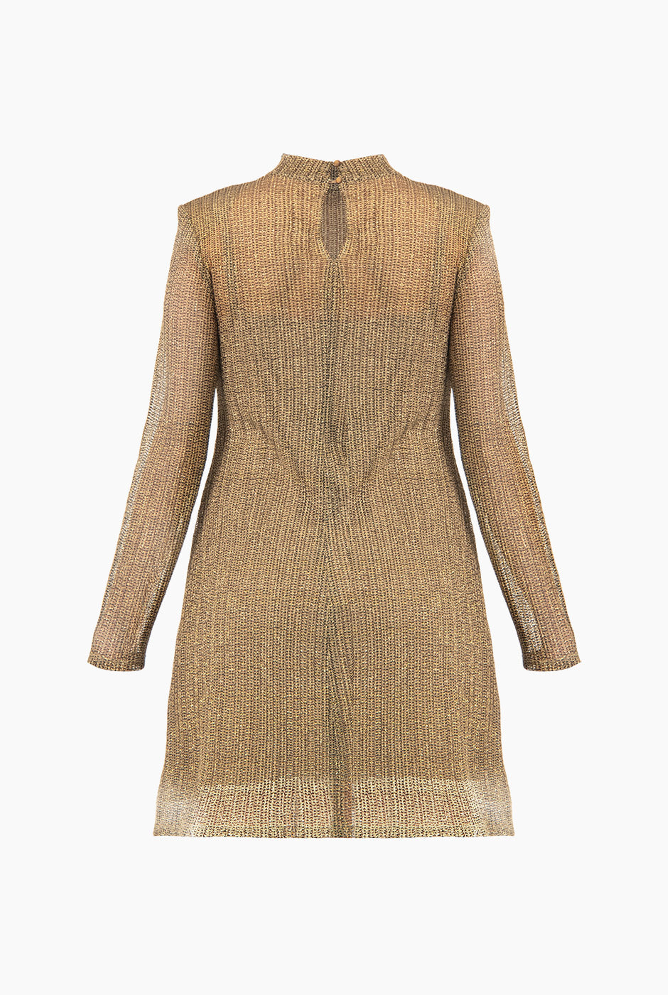 Vestido corto dorado línea A con cuello alto y mangas largas