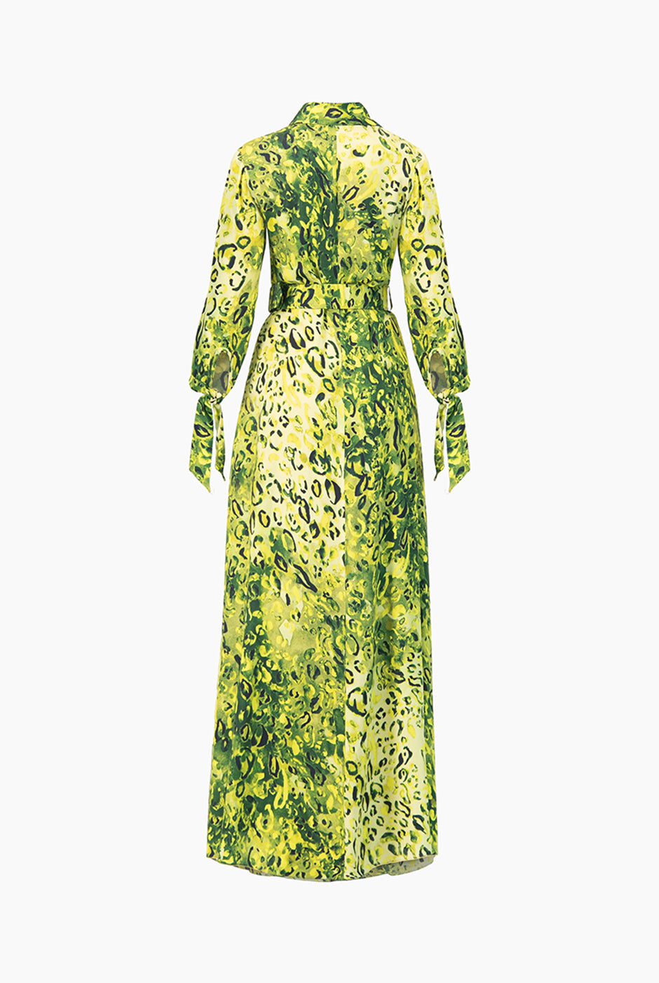 Maxi vestido camisero estampado verde con cinturon y lazos
