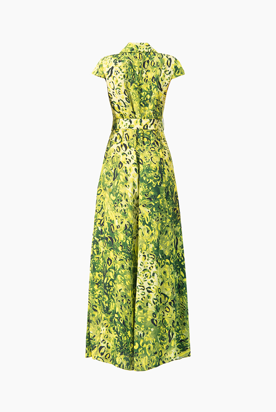 Maxi vestido verde estampado con cinturón y manga corta