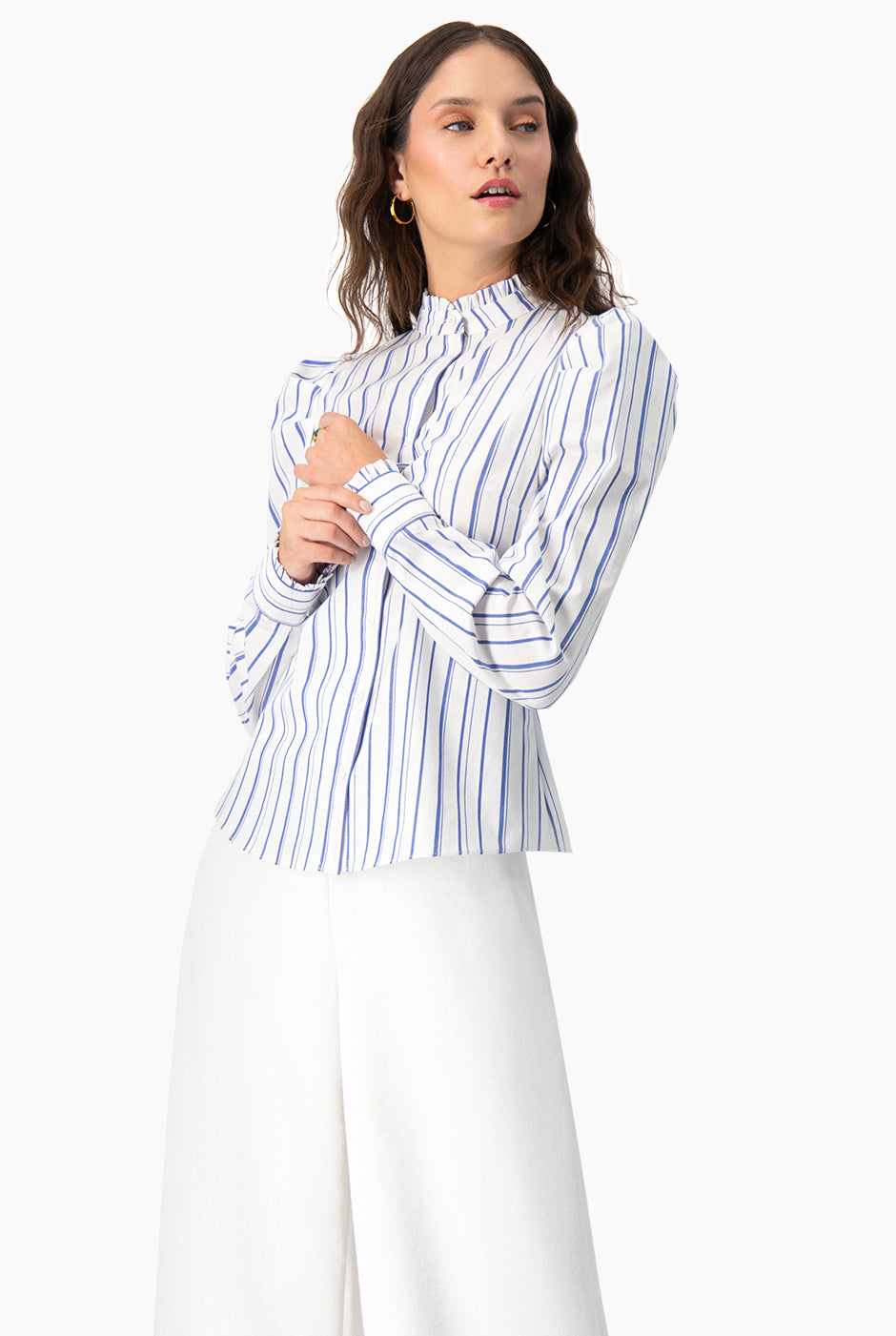 Camisa recta de manga larga con estampado de rayas