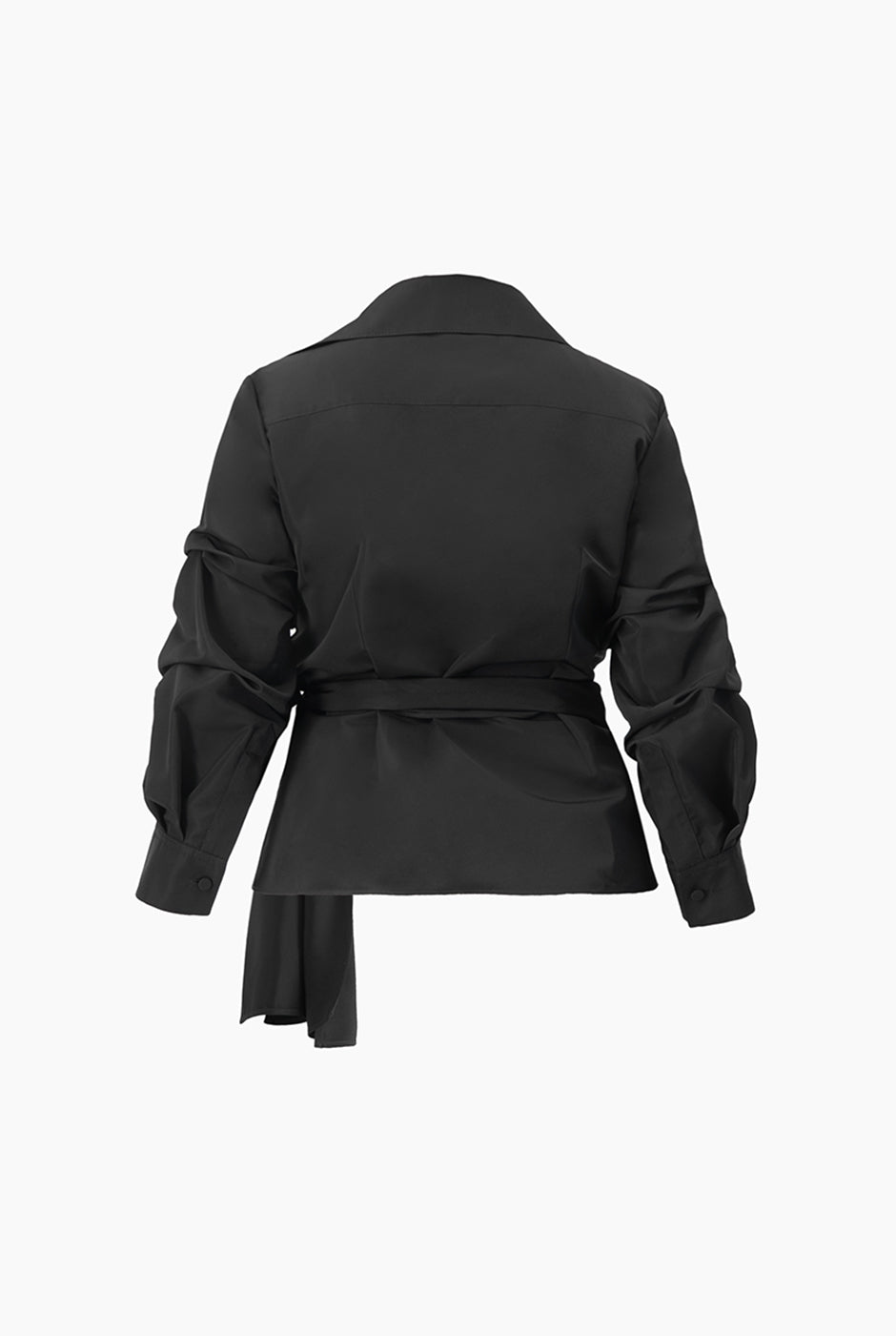 Camisa cruzada negra con fruncido y cinta en cintura