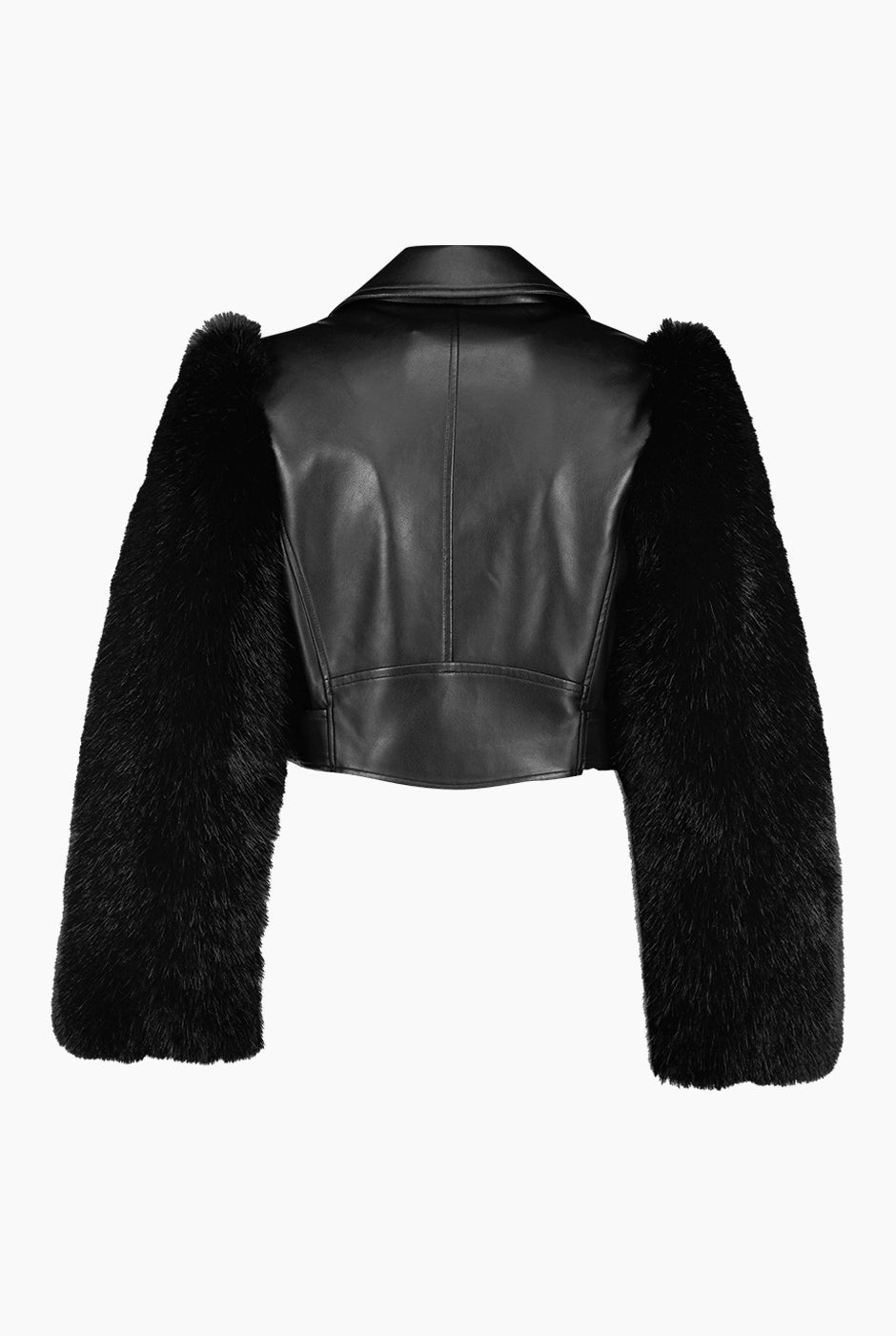Chamarra biker negra con mangas de peluche y cinturón