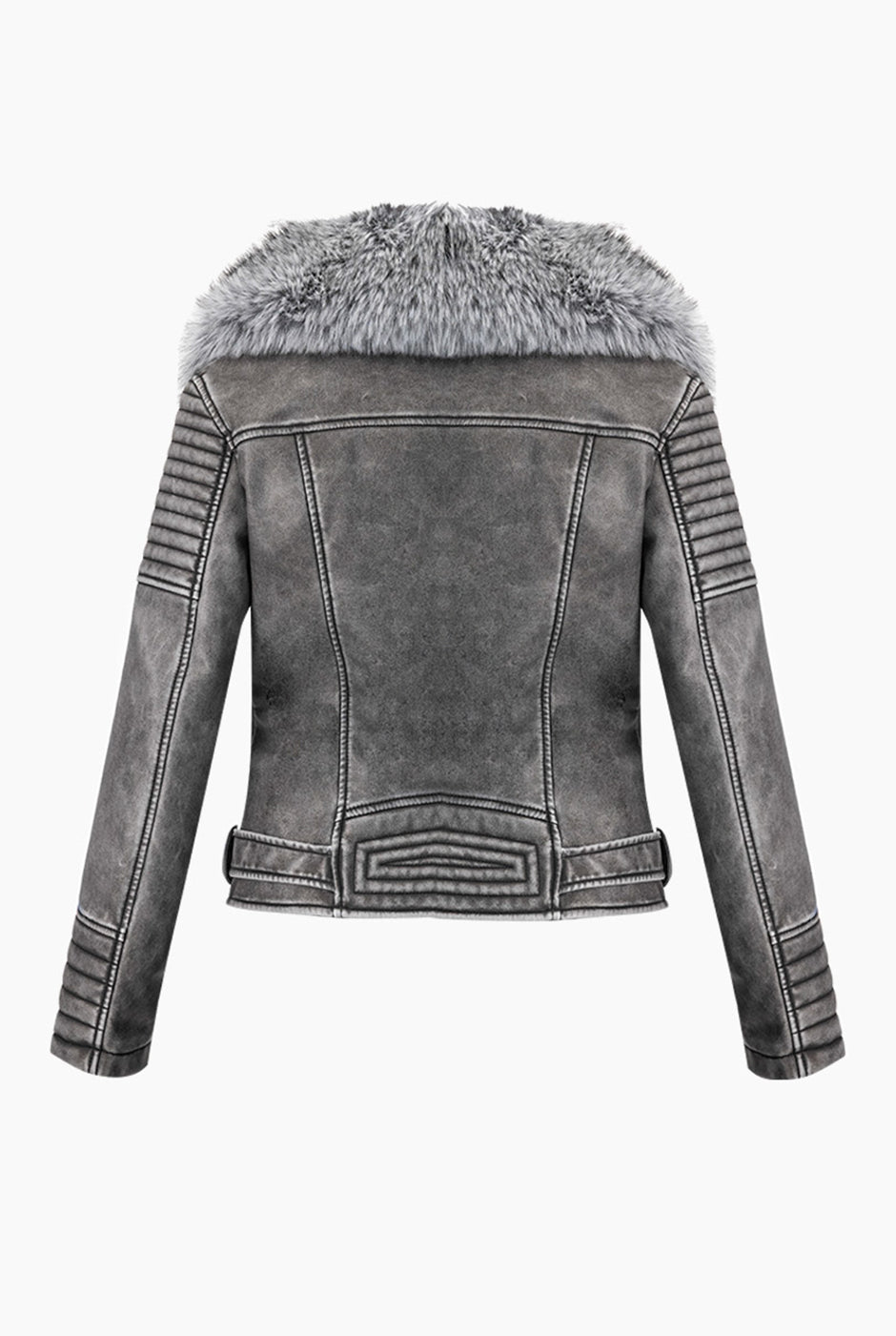 Chaqueta biker gris con detalles de ecopiel y cuello desmontable.