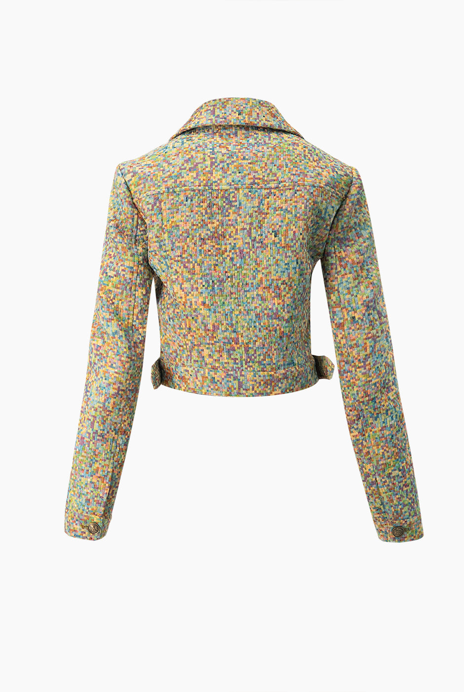 Chamarra torera multicolor con cuello camisero y botones.