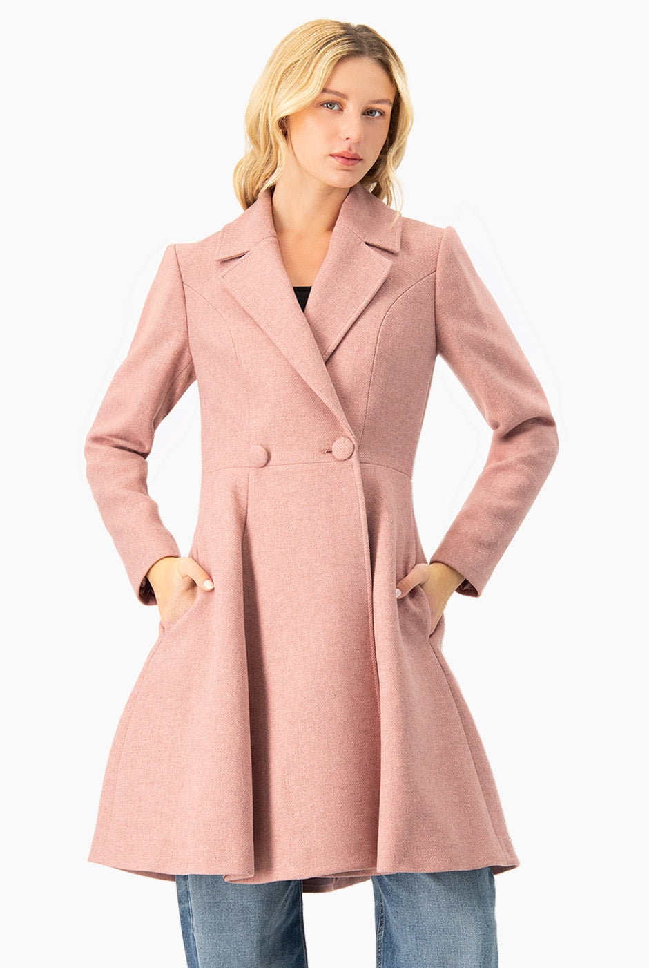 Abrigo largo cruzado rosa con dos botones y solapa elegante