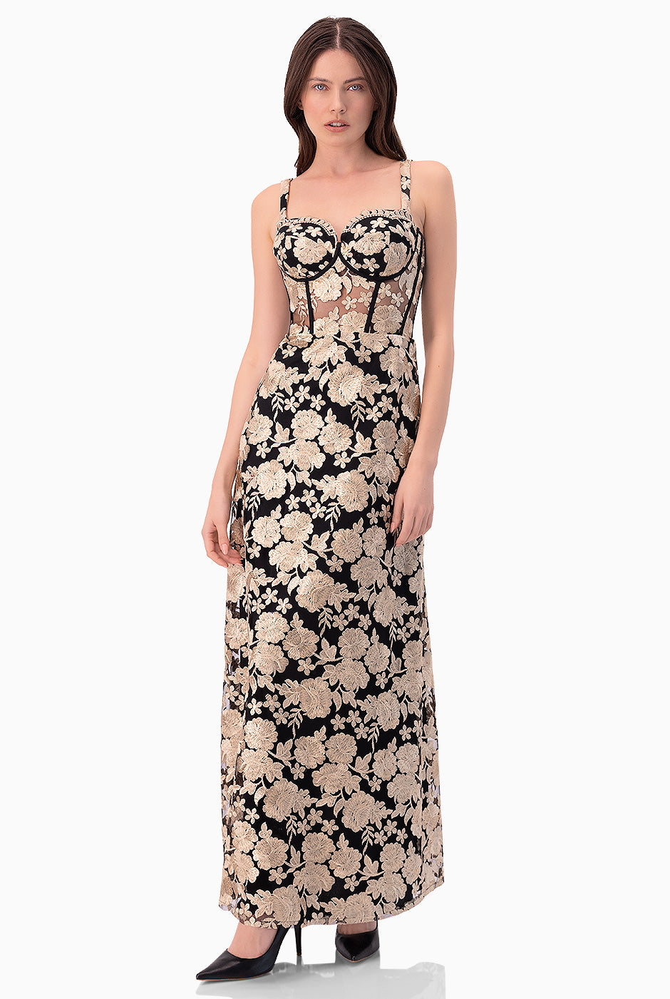 Vestido largo sin mangas dorado con corset y bordado floral