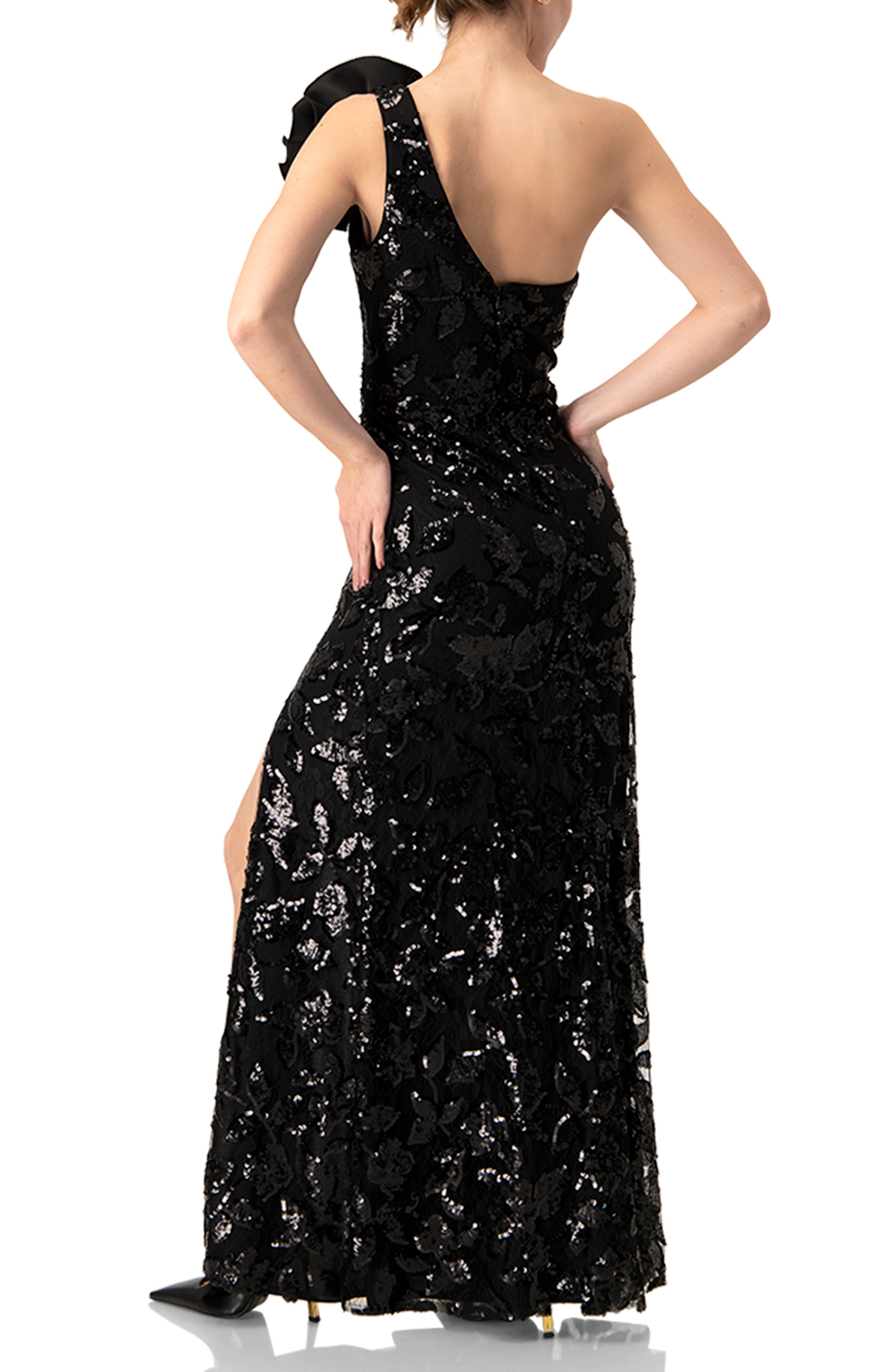 Vestido largo negro con moño y lentejuelas, elegante y sexy