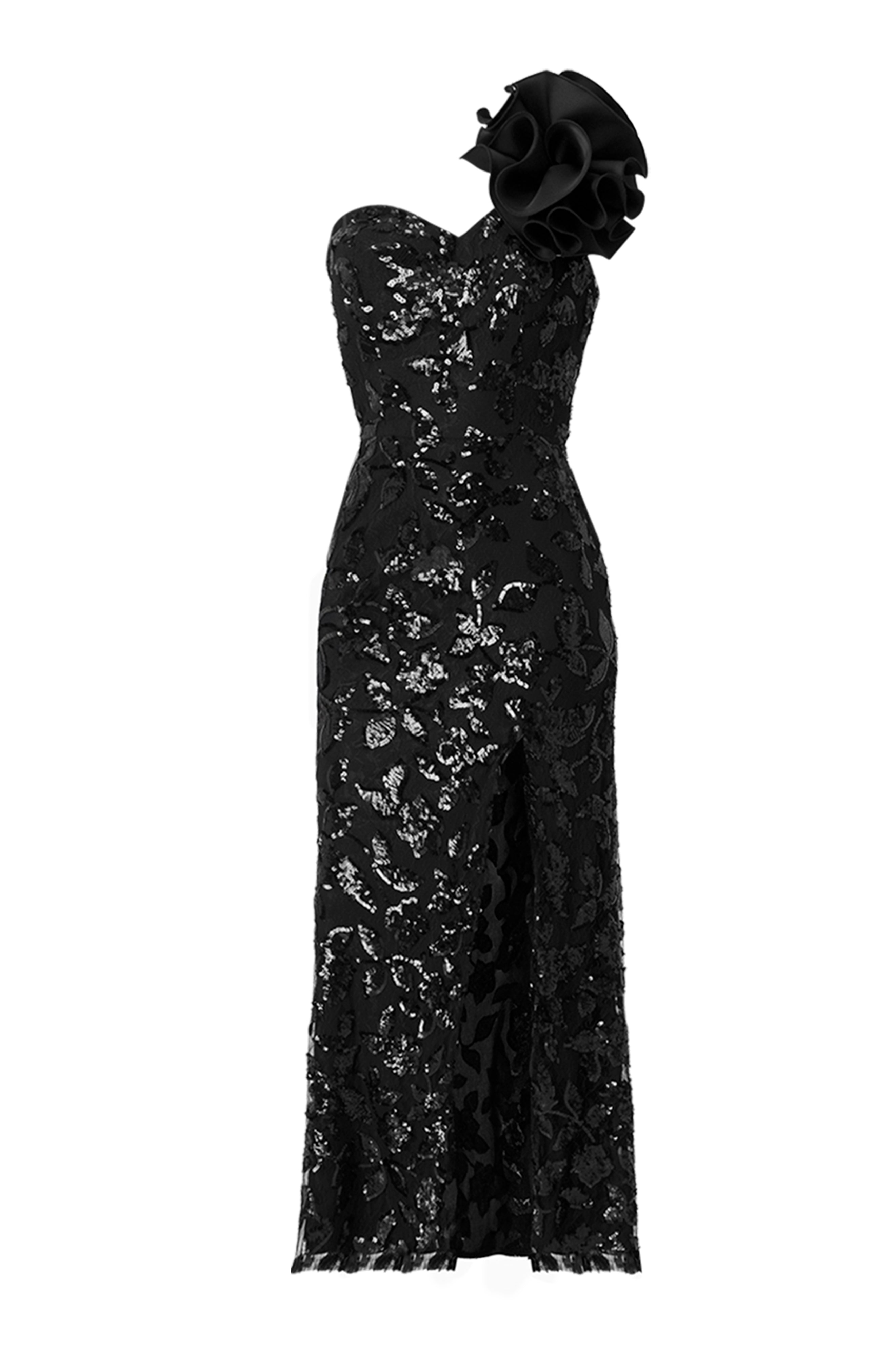 Vestido largo negro sin mangas con moño y lentejuelas
