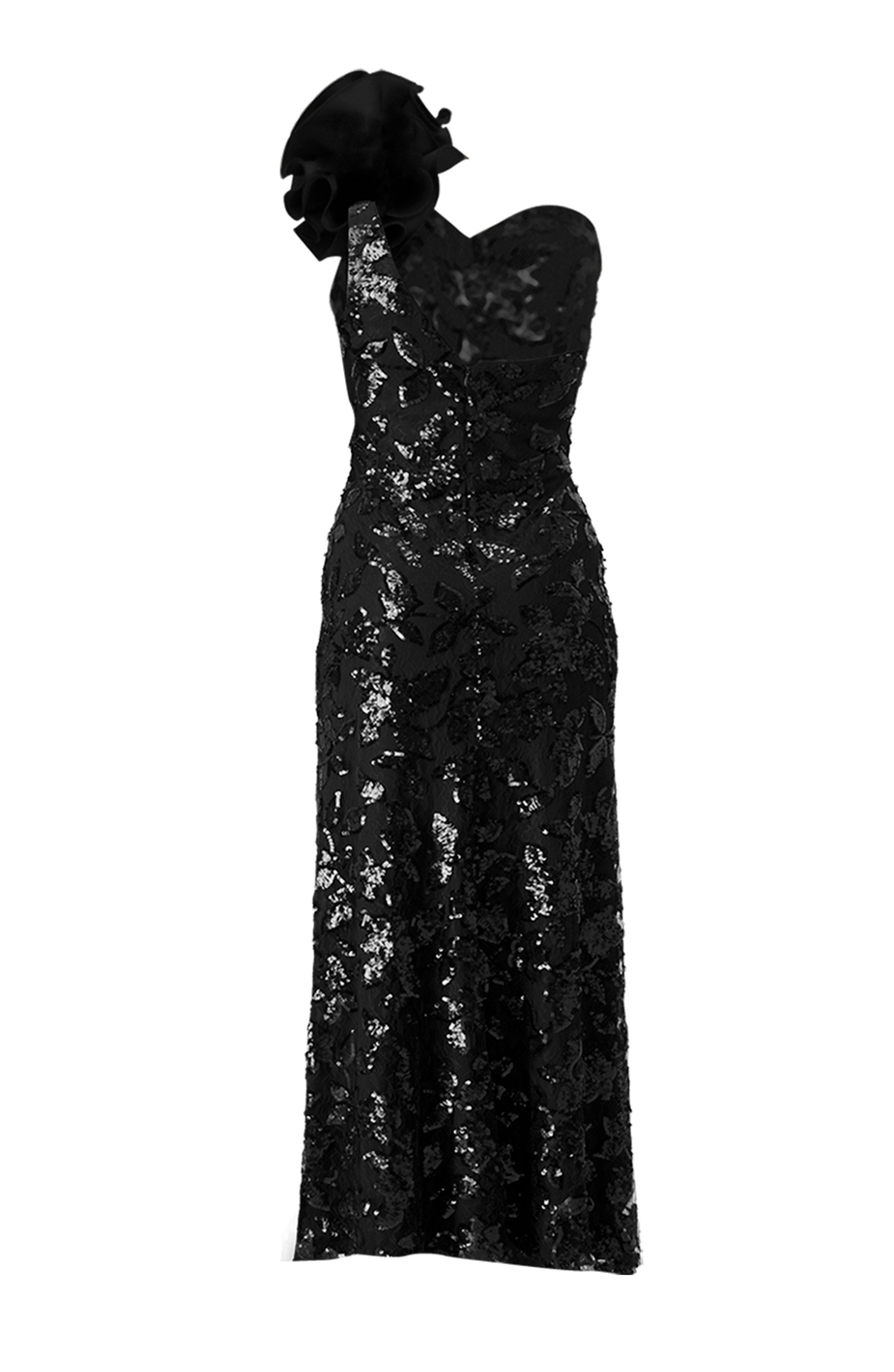 Vestido largo negro con moño y lentejuelas, elegante y sexy